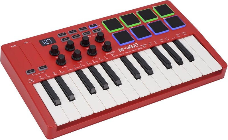 M-VAVE 25 Key USB MIDI Keyboard Controller With 8 Backlit Drum Pads, Bluetooth Semi Weighted Professional dynamic keybed 8 Knobs and Music Production,Software Included (Red) - Image 1